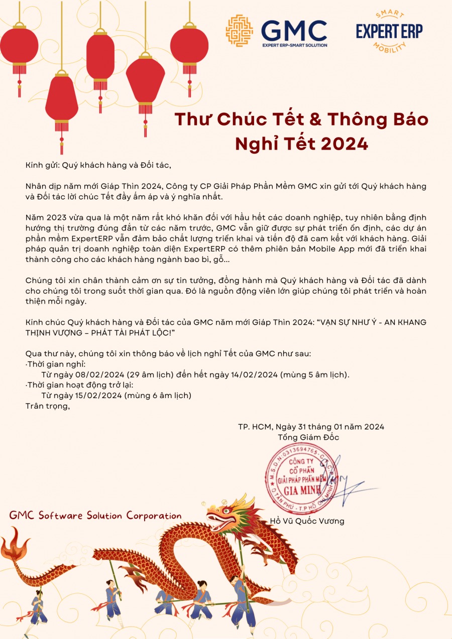 THƯ CHÚC TẾT VÀ THÔNG BÁO NGHỈ TẾT NGUYÊN ĐÁN 2024